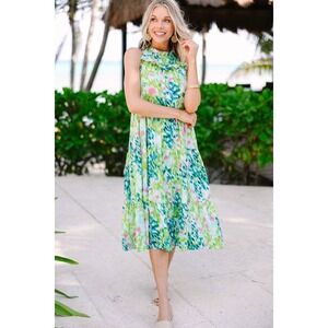 Shop The Mint Better With You Green Abstract Midi Dress Small Tiered Resort Boho
